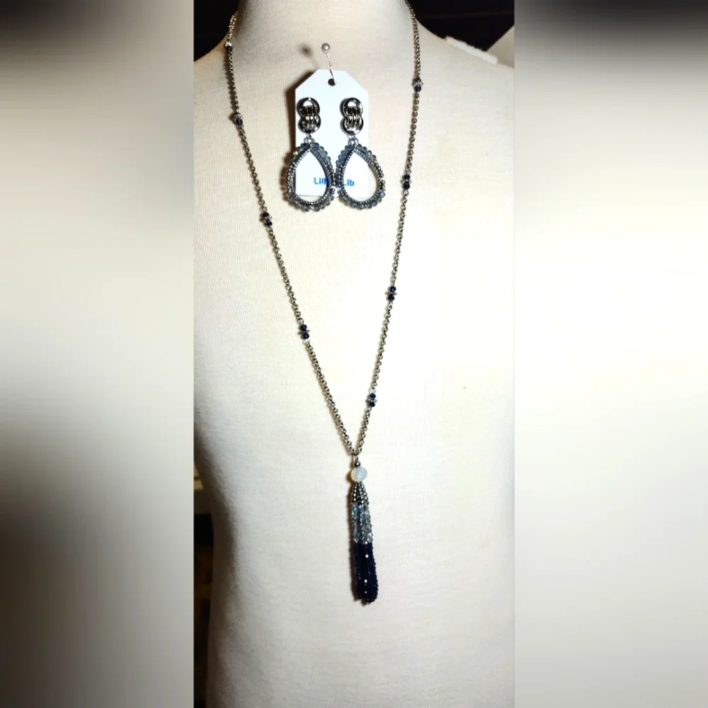 Long Elegant Silver and Blue Beaded Jewelry Set Tassle Necklace NWOT